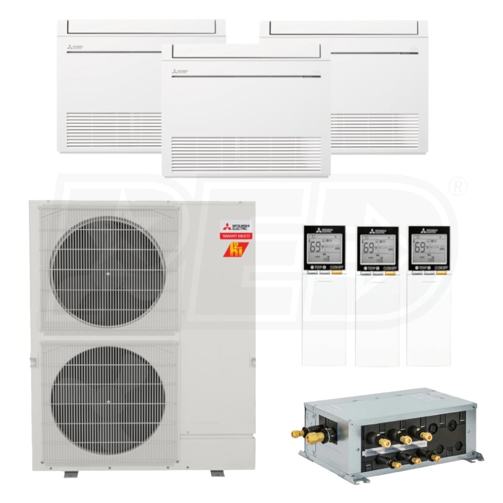 Mitsubishi Floor Mounted 3-Zone H2i System - 36,000 BTU Outdoor - 12k + 15k  + 15k Indoor - 23.0 SEER2